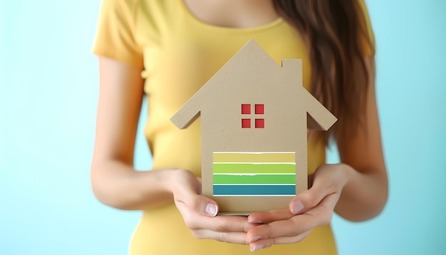 Female hands with model of house on light background Concept of energy efficiency