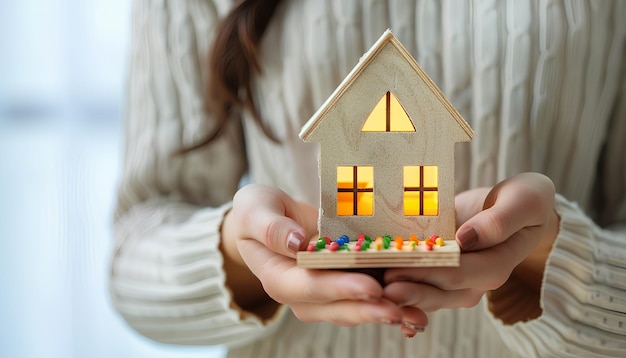 Female hands with model of house on light background Concept of energy efficiency