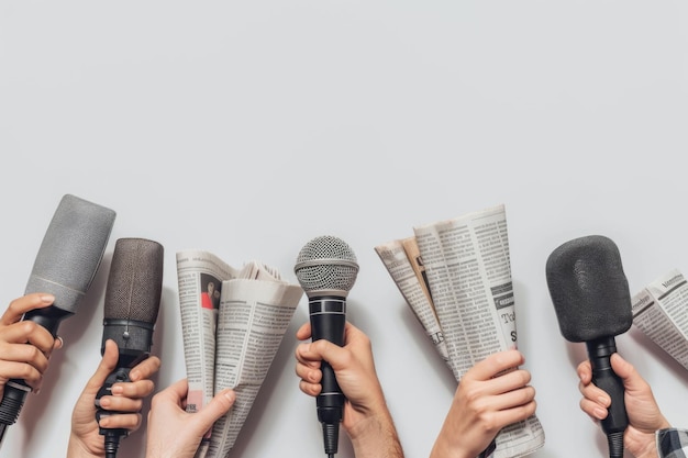 Female hands with newspapers and microphones on light background