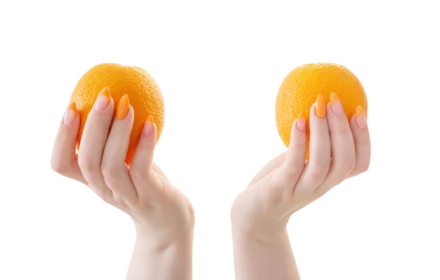 Female hands with orange isolated on white background