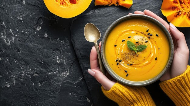 Female hands in yellow knitted sweater holding a bowl with pumpkin cream soup on dark stone background with spoon decorated with cut fresh pumpkin top view Autumn cozy dinner concept