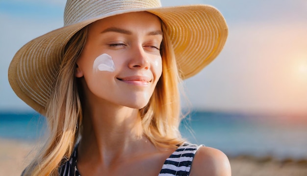 Photo female in hat applying moisturizing lotion on skin beautiful young woman with sun cream on faceskin