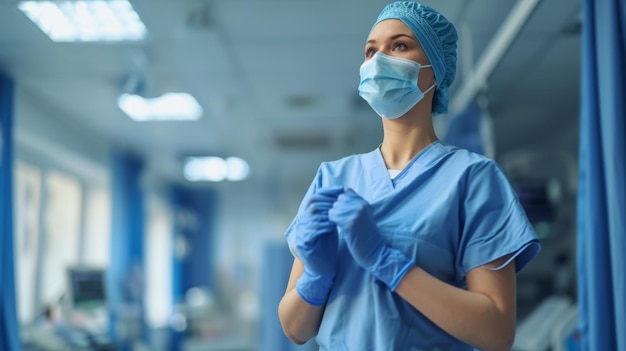 female healthcare professional in blue scrubs and surgical mask standing confidently in a hospital setting possibly preparing for a medical procedure