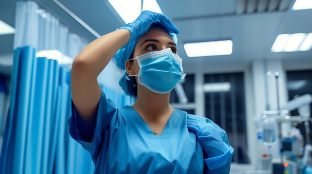 female healthcare professional in blue scrubs and surgical mask standing confidently in a hospital setting possibly preparing for a medical procedure