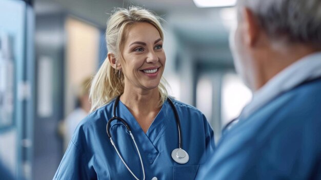 female healthcare professional likely a nurse smiling and engaging with an older male patient