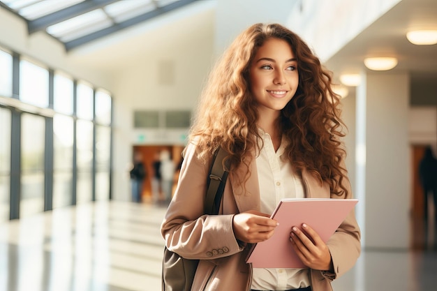 Female high school student standing in modern College or University hallway Generative AI illustration