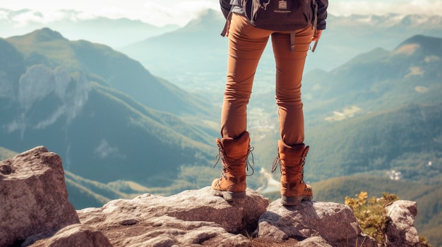 Female hiker legs with modern trekking and climbing boots on a rock in mountains Generative AI