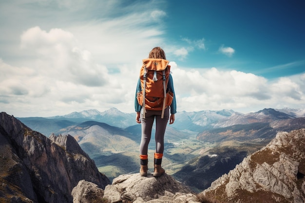 Female hiker with backpack standing on top of rock with mountains and blue sky background