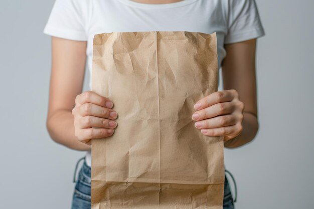 Female holding blank paper bag for takeaway mockup concept