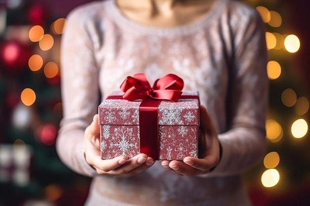 female holding Christmas gif box decor