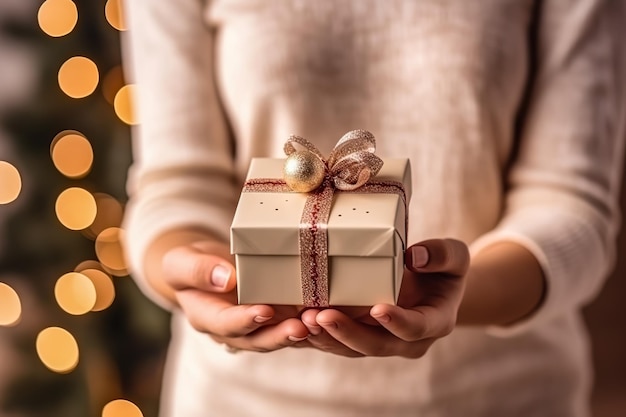 female holding Christmas gif box decor