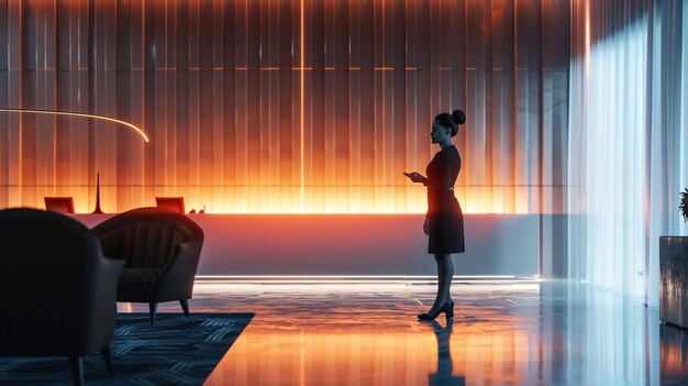 Photo female hotel manager greeting guests in an elegant luxury lobby copy space