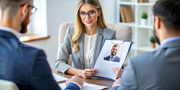 Photo female hr employee looking at cv resume to hire candidates analyzing information before job interview woman using expertise documents to make job offer and recruit applicants close up