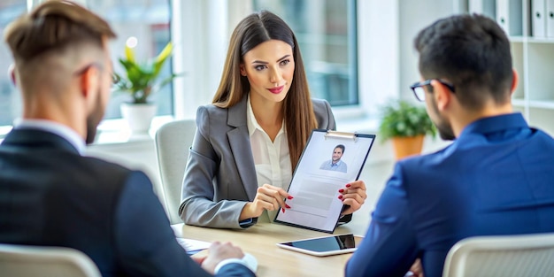 Photo female hr employee looking at cv resume to hire candidates analyzing information before job interview woman using expertise documents to make job offer and recruit applicants close up