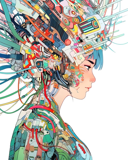 Female humanoid cyborg with complex wiring and circuitry side view over white background Generative AI illustration