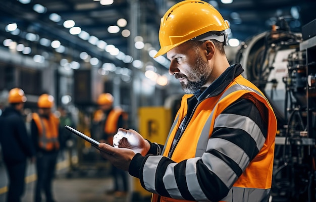 A female industrial electrical expert stands in front of a control panel inspecting and maintaining CNC equipment while holding a tablet in her hand and donning a safety hardhat