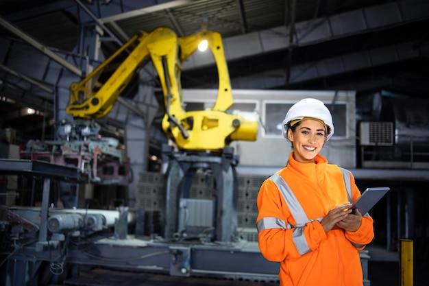 Female industrial engineer working in heavy industry manufacturing factory