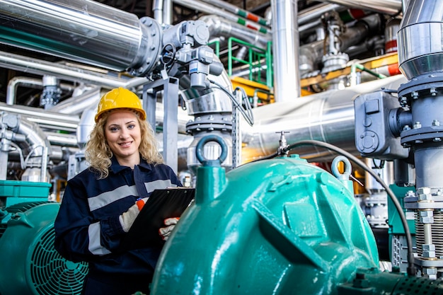 female industrial or refinery worker standing by generators and gas pipes and holding notebook