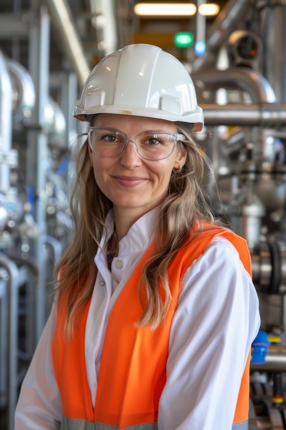 Photo a female industrial worker in a white hard hat safety glasses and an orange vest stands in front