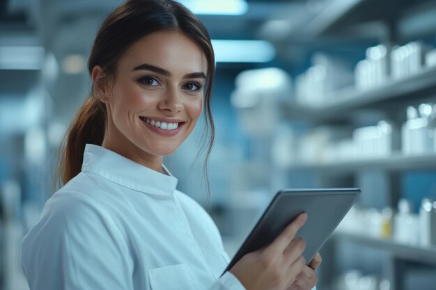 Female inspector smiling with tablet in cosmetics factory inspection