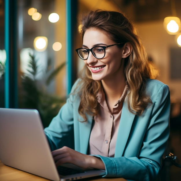 female IT professional smiling looking at laptop forward facing