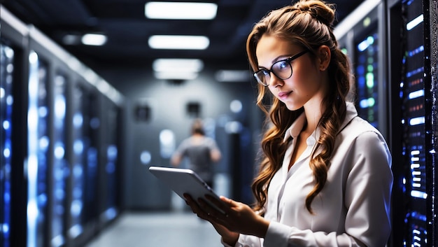 Female IT Specialist Uses Tablet in Data Center