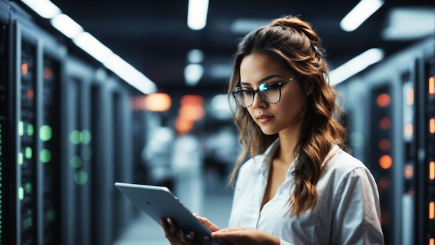 Female IT Specialist Uses Tablet in Data Center