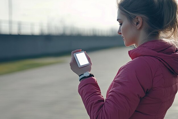 Photo female jogger looking at the smartwatch