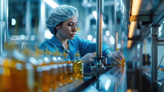 female juice factory worker tighten bottle cap in production line