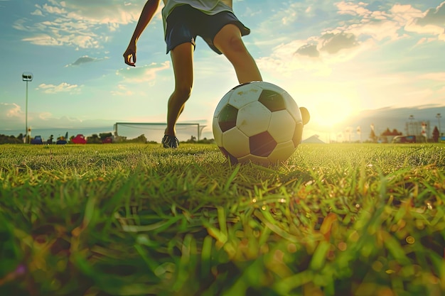 Female kicks a soccer ball on a field