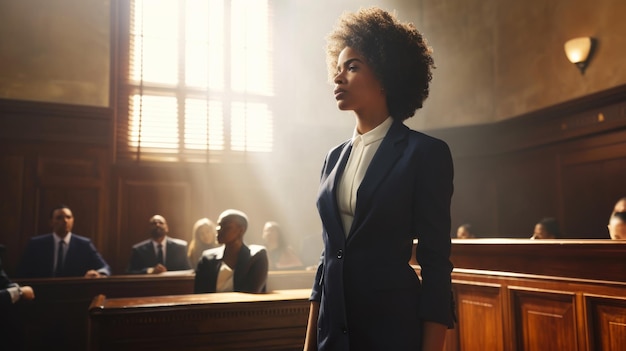 female lawyer stands attentively in a courtroom