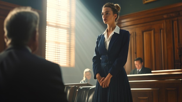 female lawyer stands attentively in a courtroom