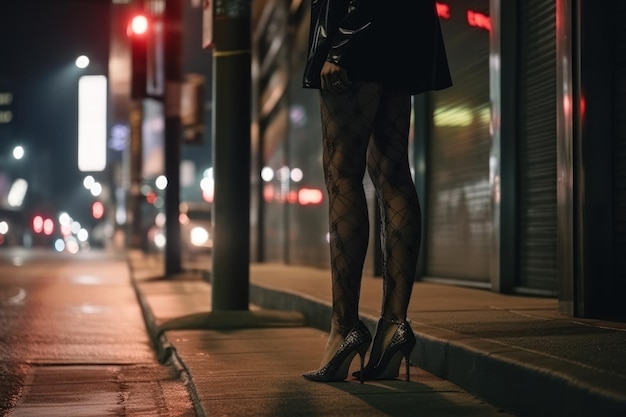 Female legs near the club on the night street in the light of lanterns Generative AI