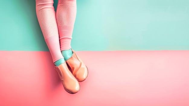 Female legs in stockings and shoes standing gracefully atop a minimalistic pastel pink and blue floor providing a unique and artistic view