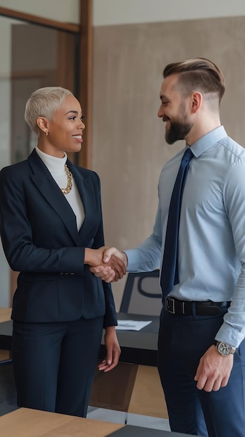 Photo female and male business partners meet in office shake hands