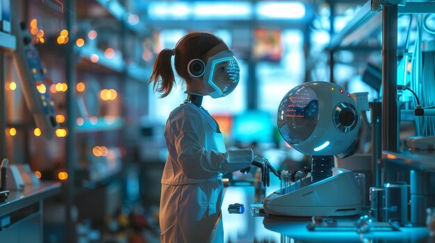 a female mannequin is looking at a machine with a blue light