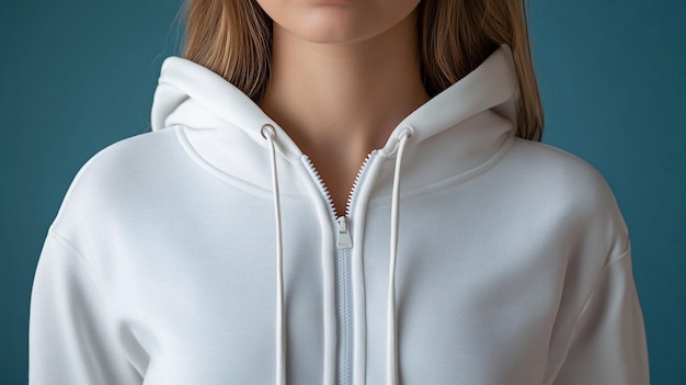 a female mannequin wearing a white hoodie with a white hoodie