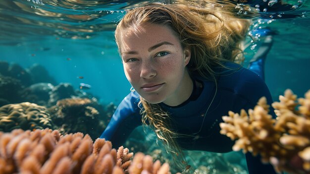 Photo female marine biologist studying coral reefs in an underwater setting