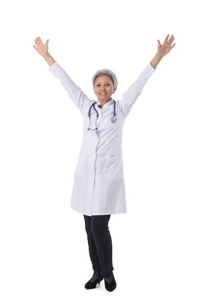 Female medical doctor with raised arms