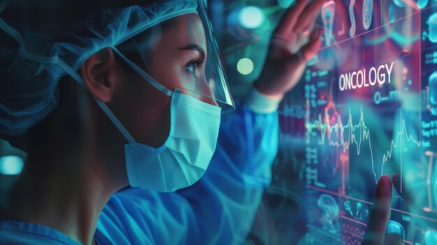 Photo female medical professional in scrubs and a surgical mask standing in front of a screen displaying the word oncology and various medical charts and graphs