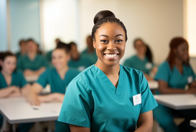 Female medical student nursing students smile for the camera in class