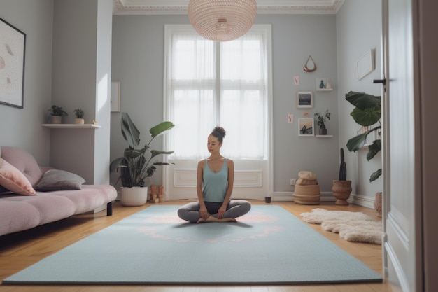 Female Middle Eastern adult doing yoga exercise in living room Generative AI AIG23