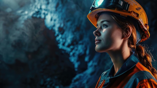 Female miner in hard hat exploring cave uniform