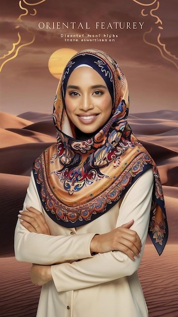 Female model adverting oriental style hijab with patterns