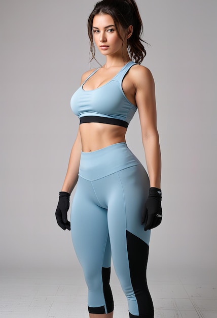 Photo a female model in a blue outfit with a black belt and black gloves