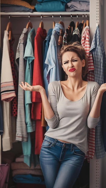 Female model in casual clothes shrugging her shoulders while standing near her wardrobe having he