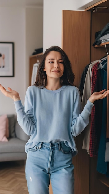 Female model in casual clothes shrugging her shoulders while standing near her wardrobe having he