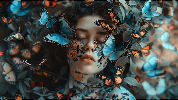 a female model laying down surrounded by butterflies