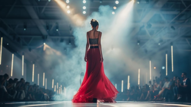 A female model in a long flowing red dress walks confidently down the runway bathed in the glow of spotlights