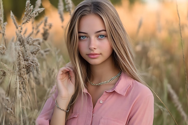 Photo female model in pink casual shirt and light makeup with boho jewelry